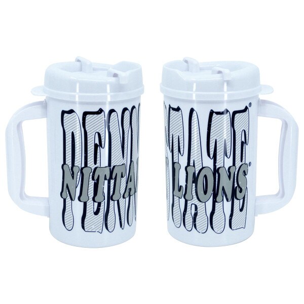 2 views white plastic travel mug with Penn State Nittany Lions